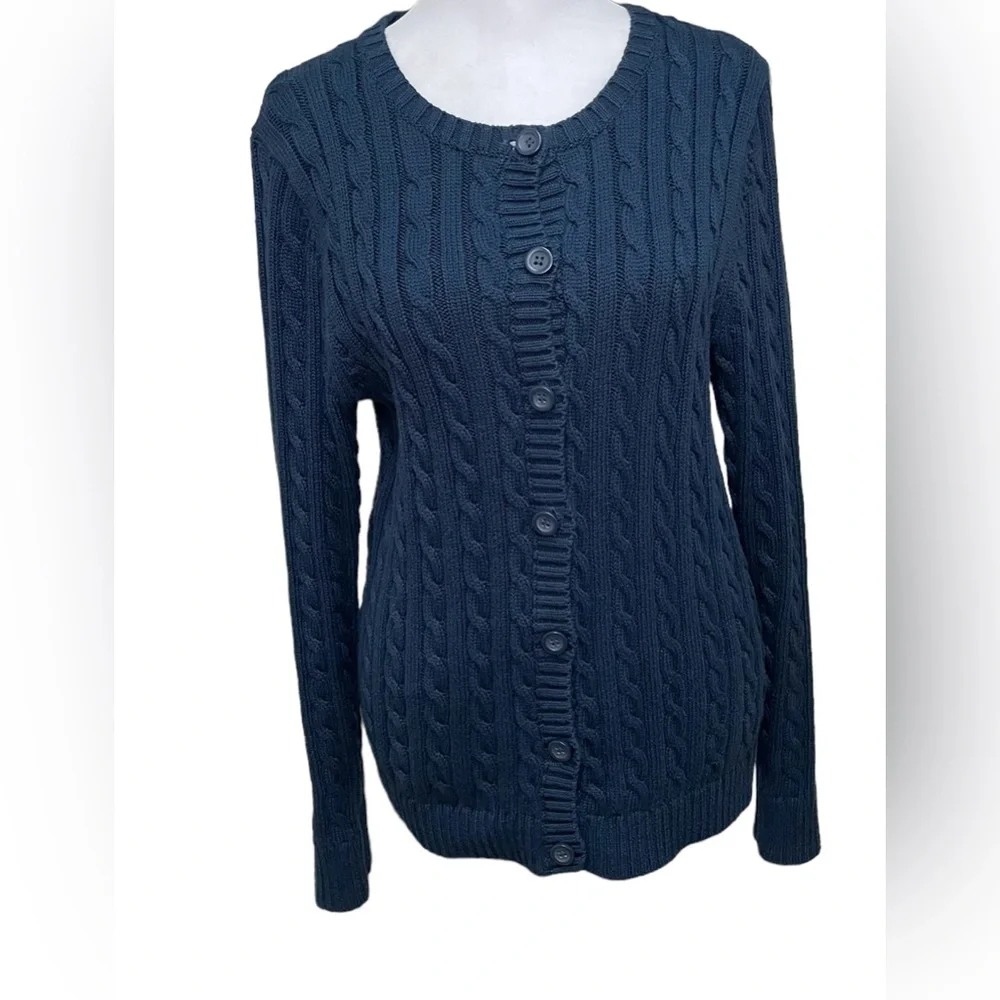 L.L. Bean Navy Cable Knit Cardigan - Picture 5 of 8